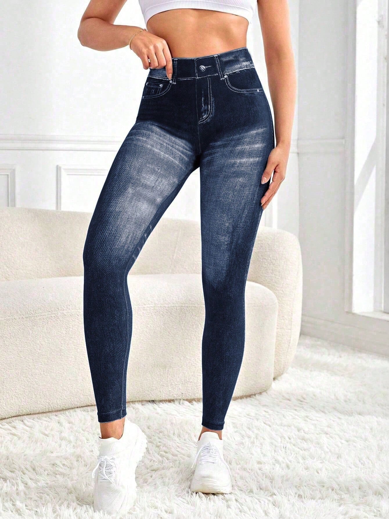 Zkyiitae Women's Outdoor Fashion Sexy Sports Long Pants, Denim Effect Digital Print Pattern Contrast Color Design Yoga Tight Cycling Pants, Can Lift Buttocks And Compress Waist, Peach Butt Yoga Leggin