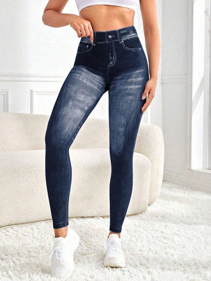Zkyiitae Women's Outdoor Fashion Sexy Sports Long Pants, Denim Effect Digital Print Pattern Contrast Color Design Yoga Tight Cycling Pants, Can Lift Buttocks And Compress Waist, Peach Butt Yoga Leggin