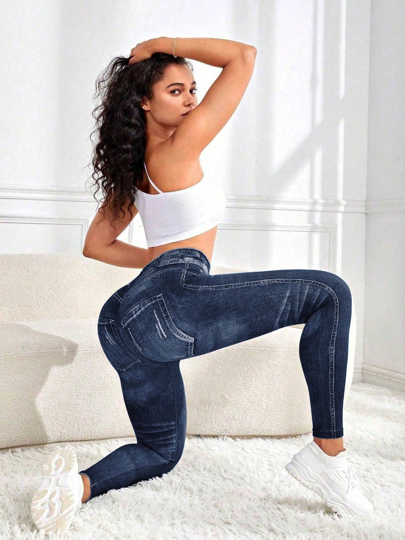 Zkyiitae Women's Outdoor Fashion Sexy Sports Long Pants, Denim Effect Digital Print Pattern Contrast Color Design Yoga Tight Cycling Pants, Can Lift Buttocks And Compress Waist, Peach Butt Yoga Leggin