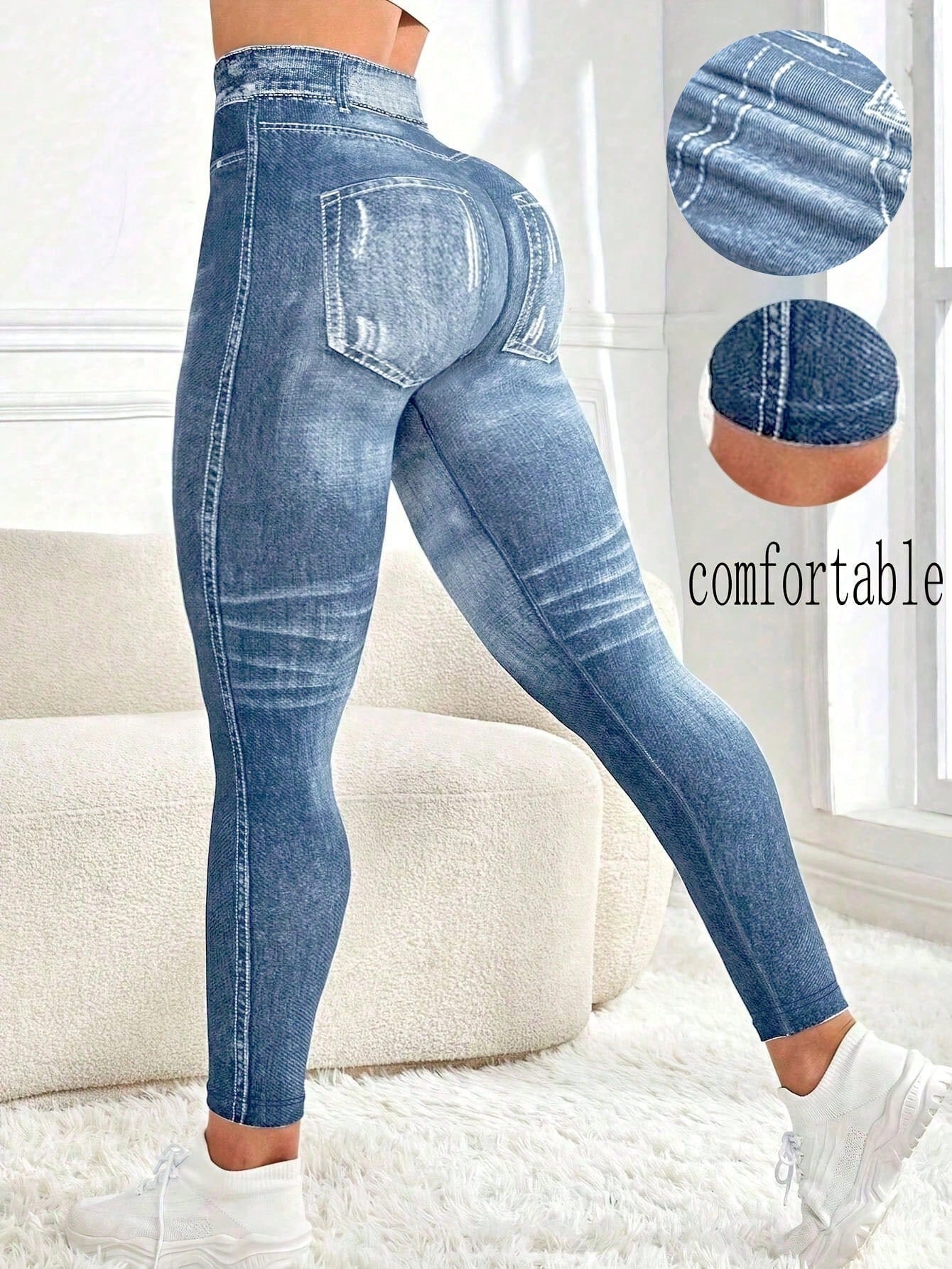 Zkyiitae Women's Outdoor Fashion Sexy Sports Long Pants, Denim Effect Digital Print Pattern Contrast Color Design Yoga Tight Cycling Pants, Can Lift Buttocks And Compress Waist, Peach Butt Yoga Leggin