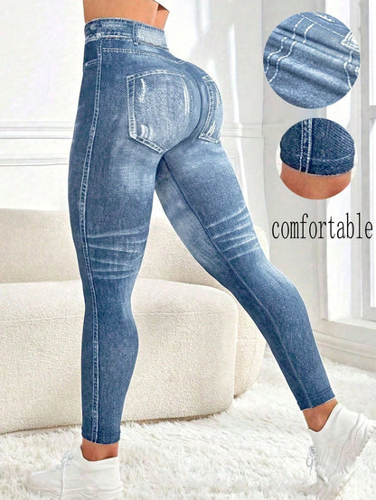 Zkyiitae Women's Outdoor Fashion Sexy Sports Long Pants, Denim Effect Digital Print Pattern Contrast Color Design Yoga Tight Cycling Pants, Can Lift Buttocks And Compress Waist, Peach Butt Yoga Leggin