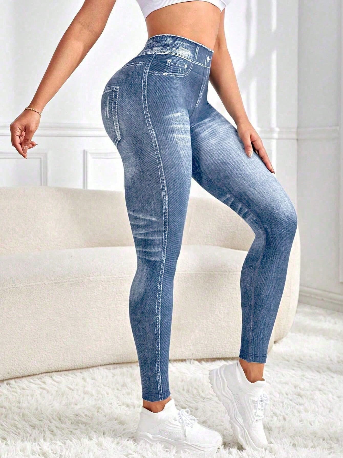 Zkyiitae Women's Outdoor Fashion Sexy Sports Long Pants, Denim Effect Digital Print Pattern Contrast Color Design Yoga Tight Cycling Pants, Can Lift Buttocks And Compress Waist, Peach Butt Yoga Leggin