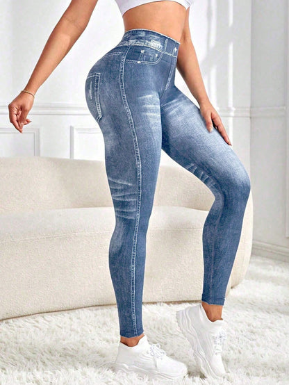 Zkyiitae Women's Outdoor Fashion Sexy Sports Long Pants, Denim Effect Digital Print Pattern Contrast Color Design Yoga Tight Cycling Pants, Can Lift Buttocks And Compress Waist, Peach Butt Yoga Leggin