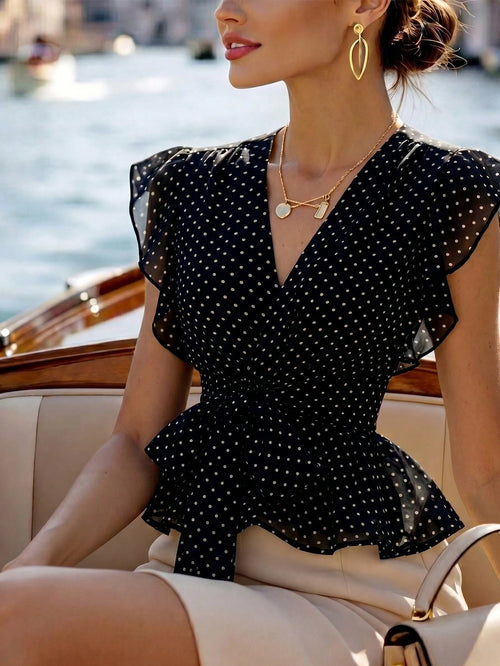 Zovinel Women's Summer Polka Dot V-Neck Elegant Blouse, Elastic Waist Design With Belt And Ruffle Hem, French Style Beach Resort Top
