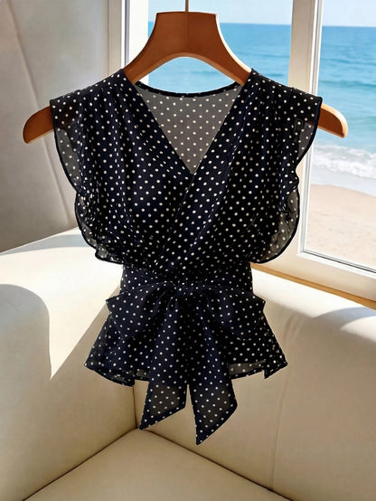 Zovinel Women's Summer Polka Dot V-Neck Elegant Blouse, Elastic Waist Design With Belt And Ruffle Hem, French Style Beach Resort Top
