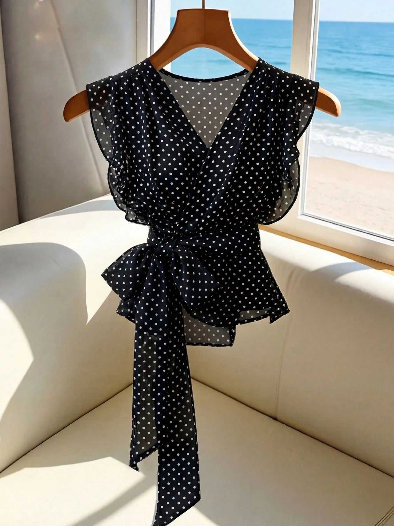Zovinel Women's Summer Polka Dot V-Neck Elegant Blouse, Elastic Waist Design With Belt And Ruffle Hem, French Style Beach Resort Top