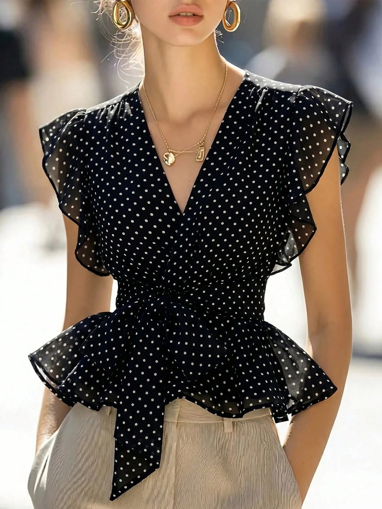 Zovinel Women's Summer Polka Dot V-Neck Elegant Blouse, Elastic Waist Design With Belt And Ruffle Hem, French Style Beach Resort Top