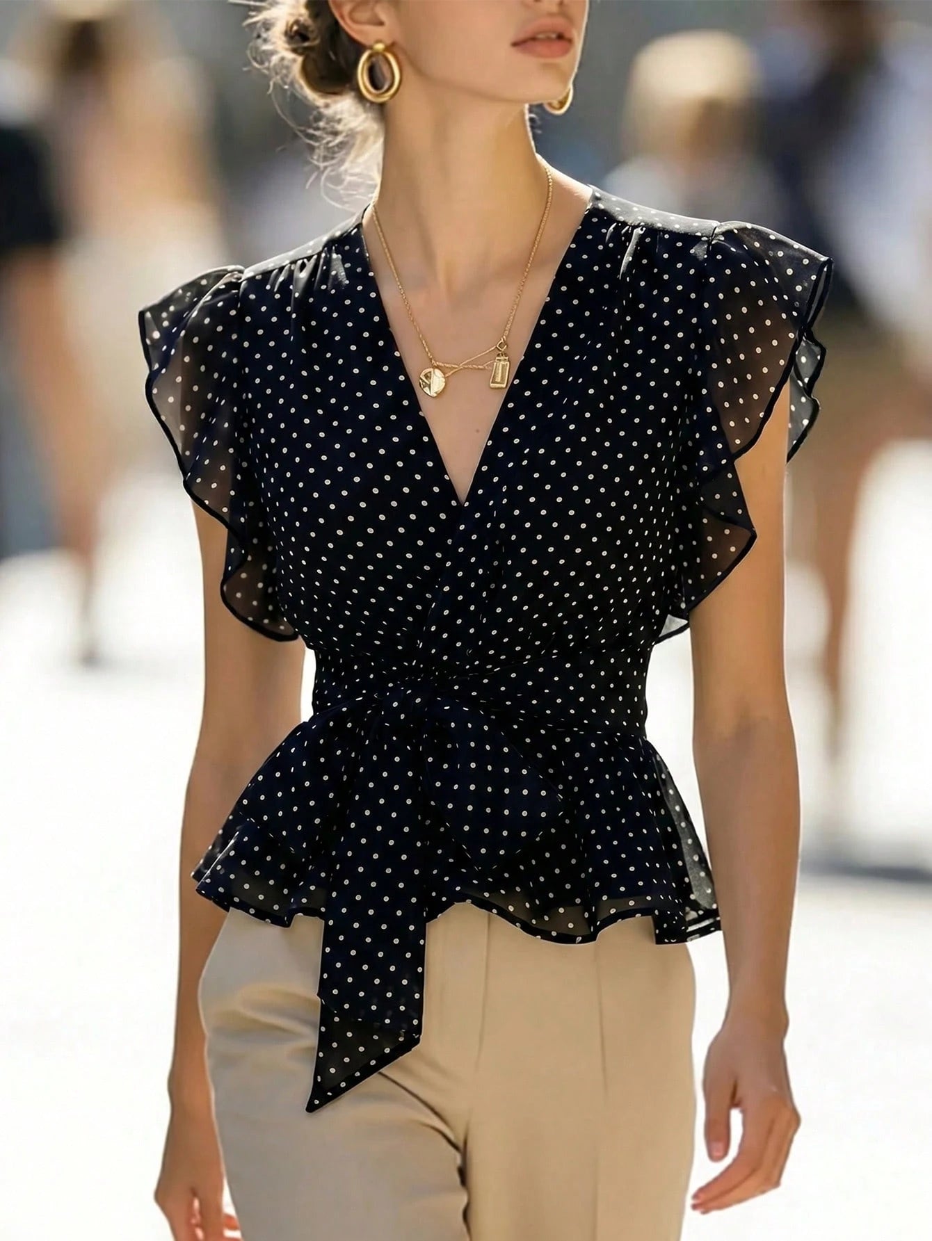Zovinel Women's Summer Polka Dot V-Neck Elegant Blouse, Elastic Waist Design With Belt And Ruffle Hem, French Style Beach Resort Top