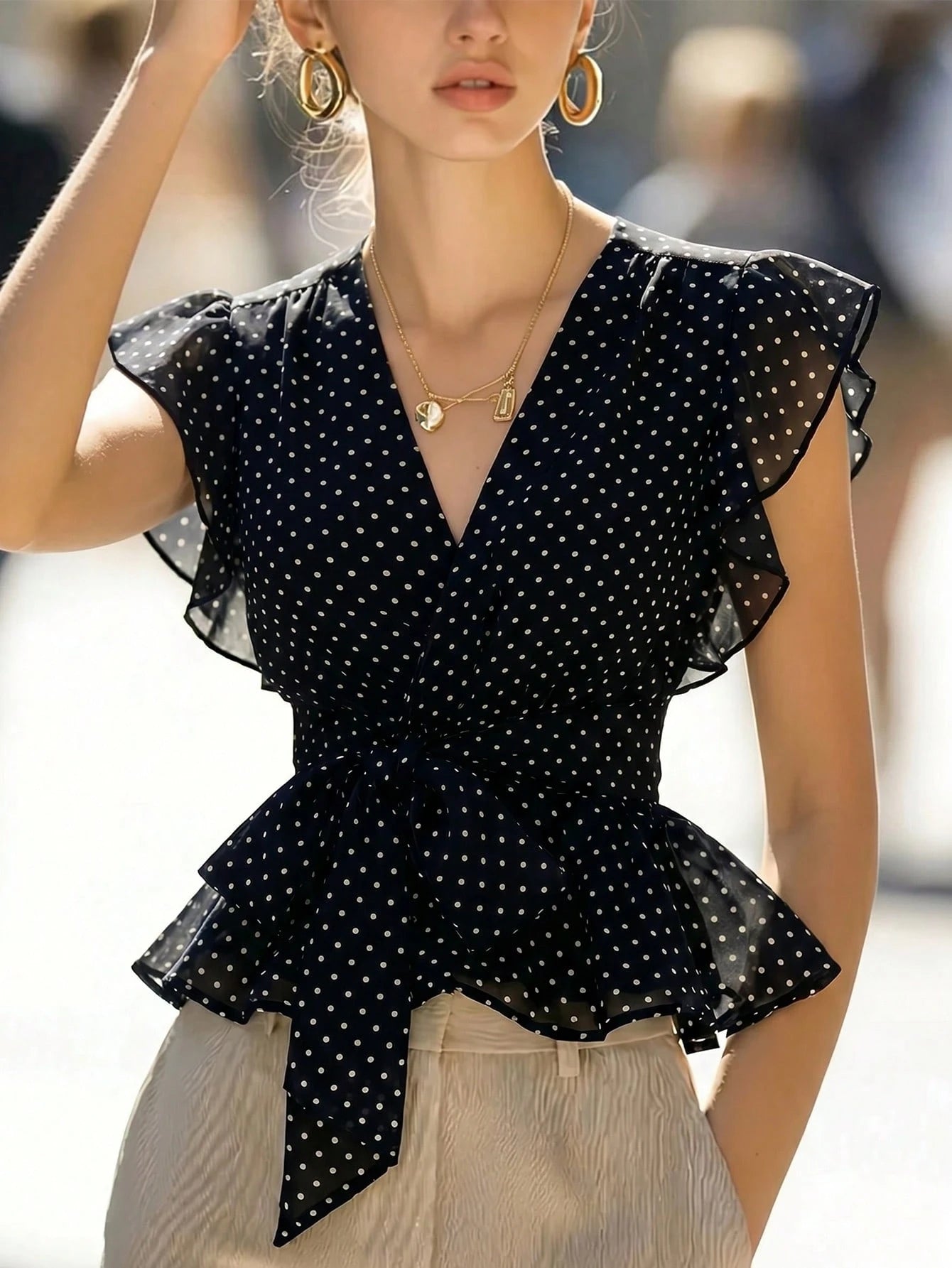 Zovinel Women's Summer Polka Dot V-Neck Elegant Blouse, Elastic Waist Design With Belt And Ruffle Hem, French Style Beach Resort Top