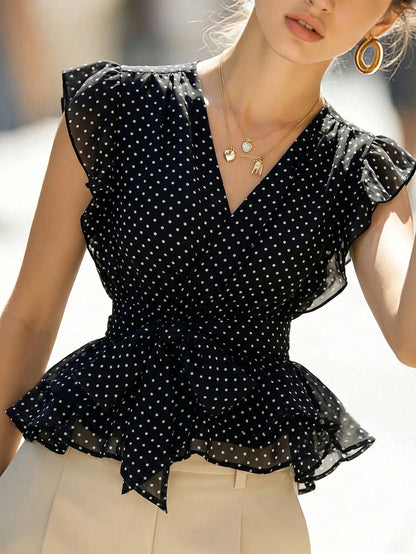 Zovinel Women's Summer Polka Dot V-Neck Elegant Blouse, Elastic Waist Design With Belt And Ruffle Hem, French Style Beach Resort Top